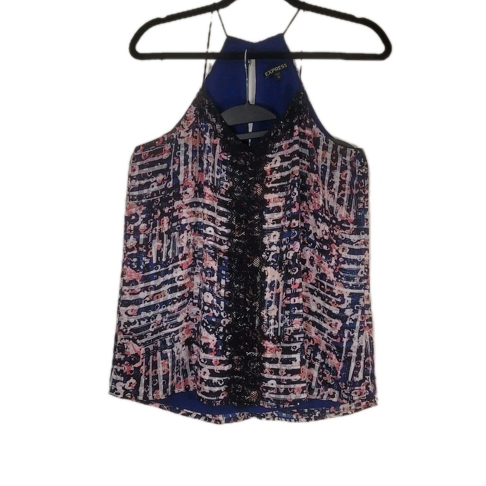 Express Shirt Womens M Blue Pink Abstract Halter Lace Trim Sleeveless Top Y2k